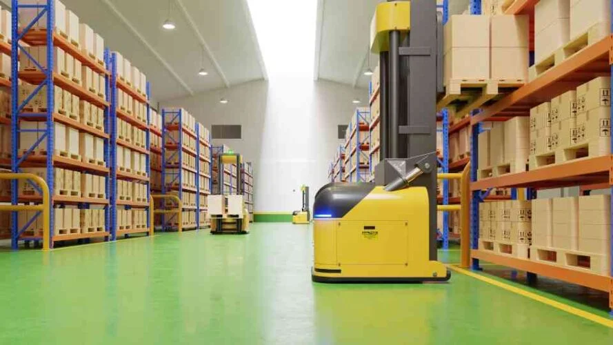imagen de máquinas automáticas, o AGV, trabajando en un almacén
